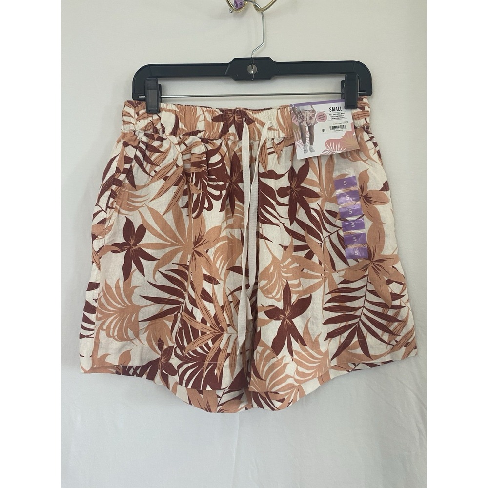 Coastal Comfort Linen Blend Shorts Size S Pull-on Tropical Leaf Print